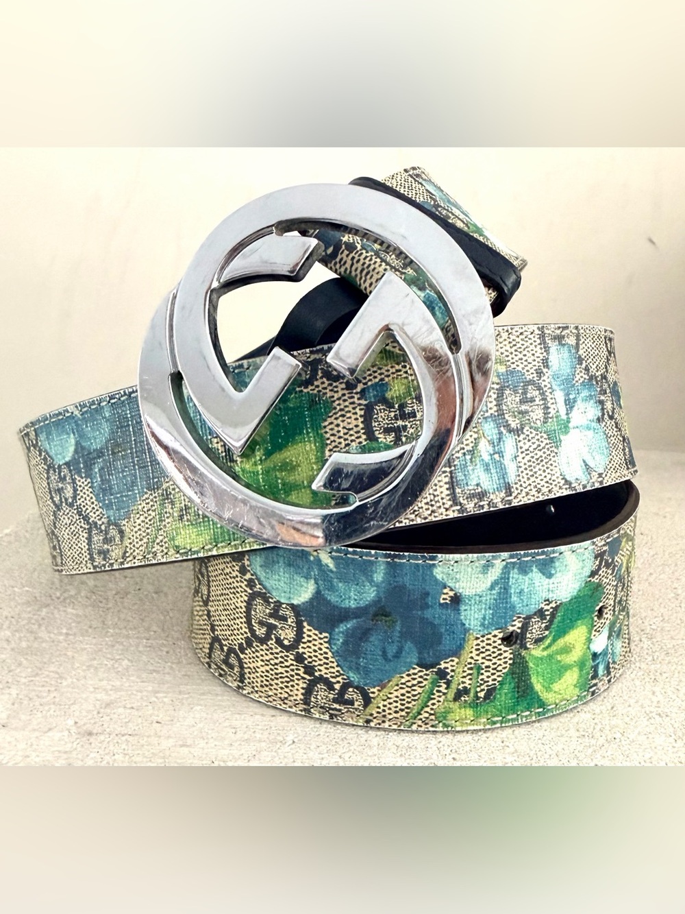 Gucci Blue GG Canvas Belt with Silver Interlocking G Buckle